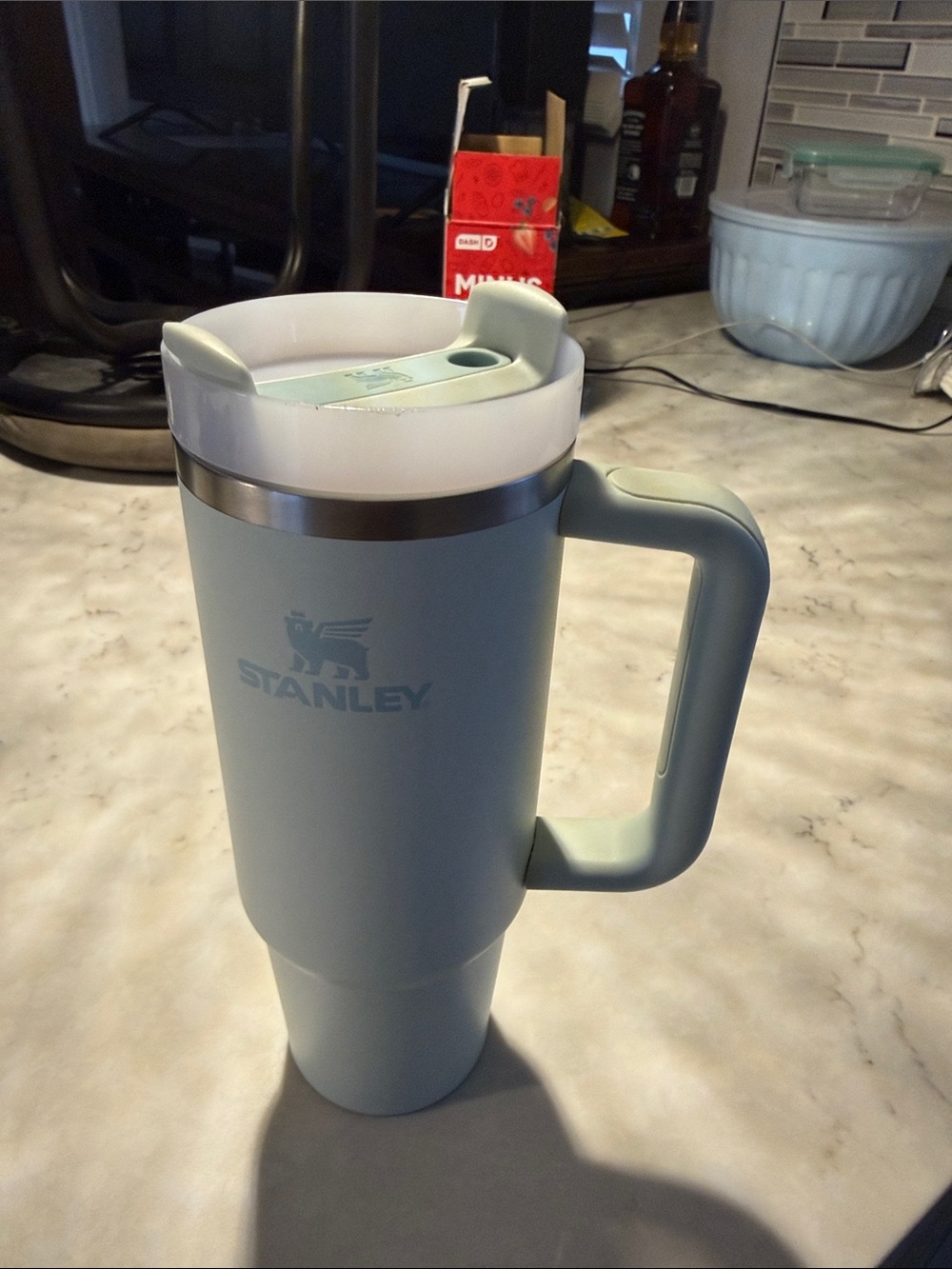 Stanley Pale Blue Travel Mug with White Lid and Handle